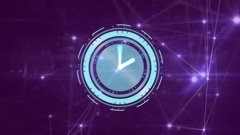 animación de un reloj moviéndose rápidamente sobre una red de conexiones con puntos brillantes