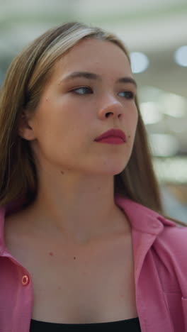 dama de vestido rosa con bolso negro intensamente enfocada en el uso de una pantalla en un centro comercial bien iluminado, el fondo presenta luces borrosas y escaleras mecánicas, y parece profundamente concentrada en su tarea