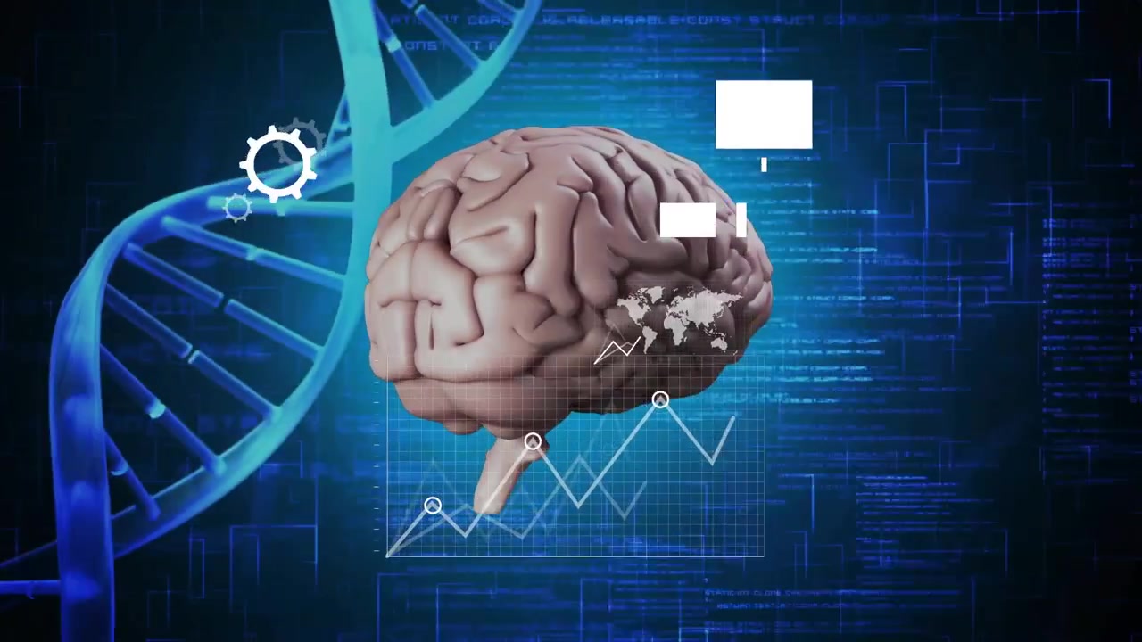 Opening 3D brain floating, device frames expanding with analytics charts animating for analysis