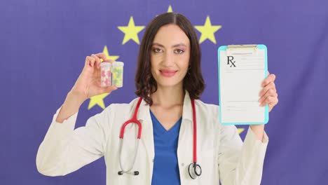 female doctor with prescription pad and pills in front of eu flag