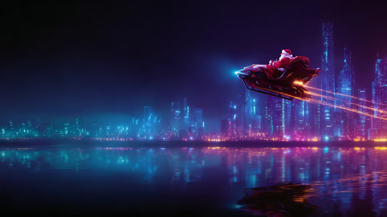 A futuristic scene featuring a character in a red suit soaring through a vibrant, illuminated cityscape at night, with shimmering lights reflecting off the calm waters and trailing colorful sparks behind them
