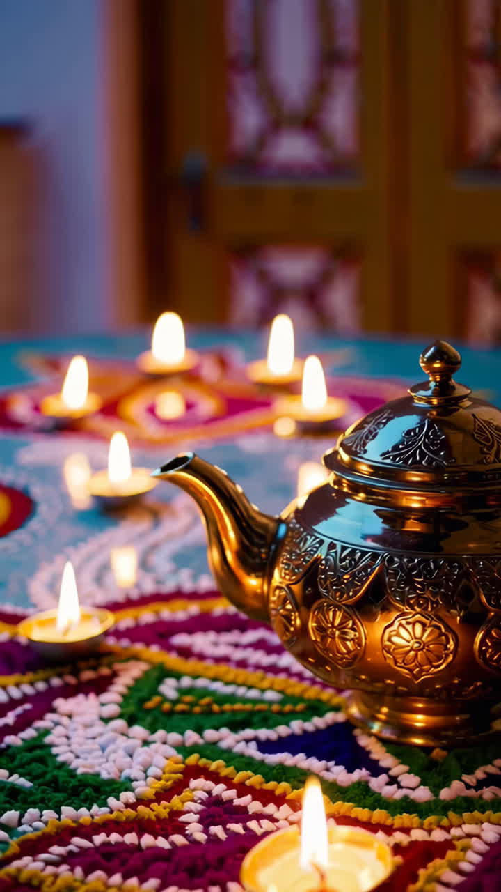 Diwali Celebration with Teapot and Rangoli