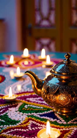 diwali celebration with teapot and rangoli