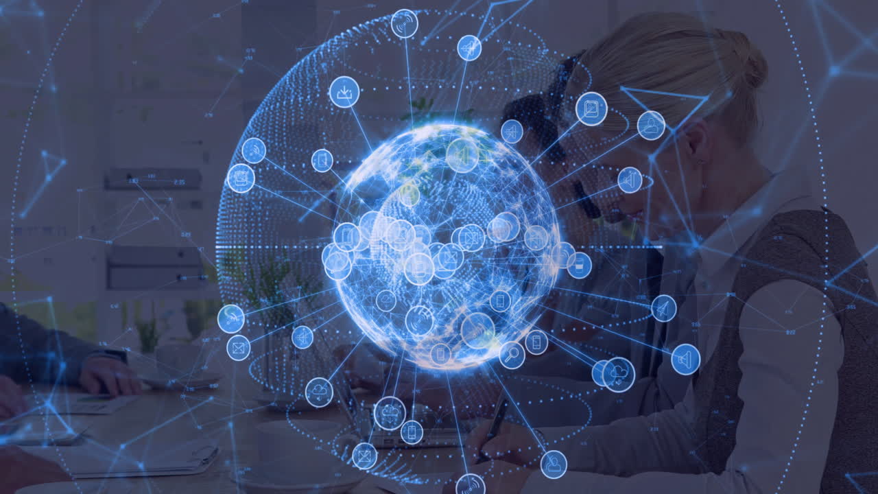 Digital network connections animation over people working in modern office setting