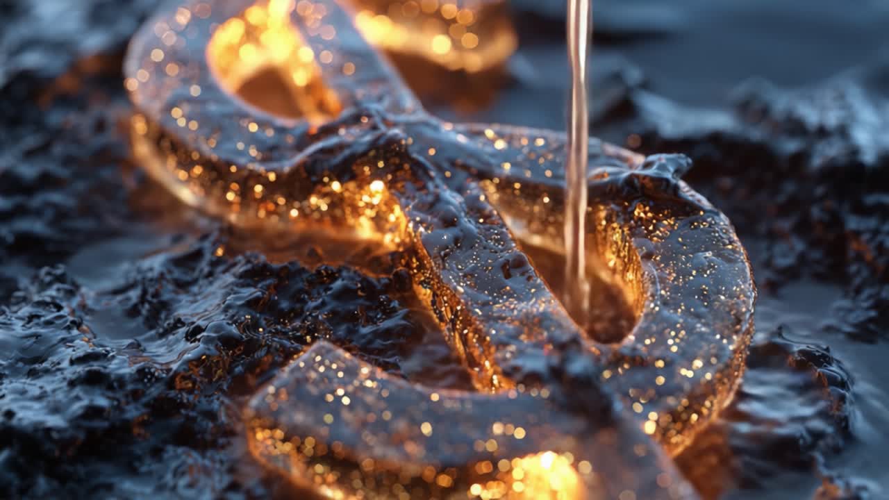 Ein funkelndes Währungssymbol, das auf einer spiegelnden Oberfläche schwebt, von goldenem Glitzer und sanften Lichtern hervorgehoben, wodurch eine atmosphärische und visuell fesselnde Szene entsteht