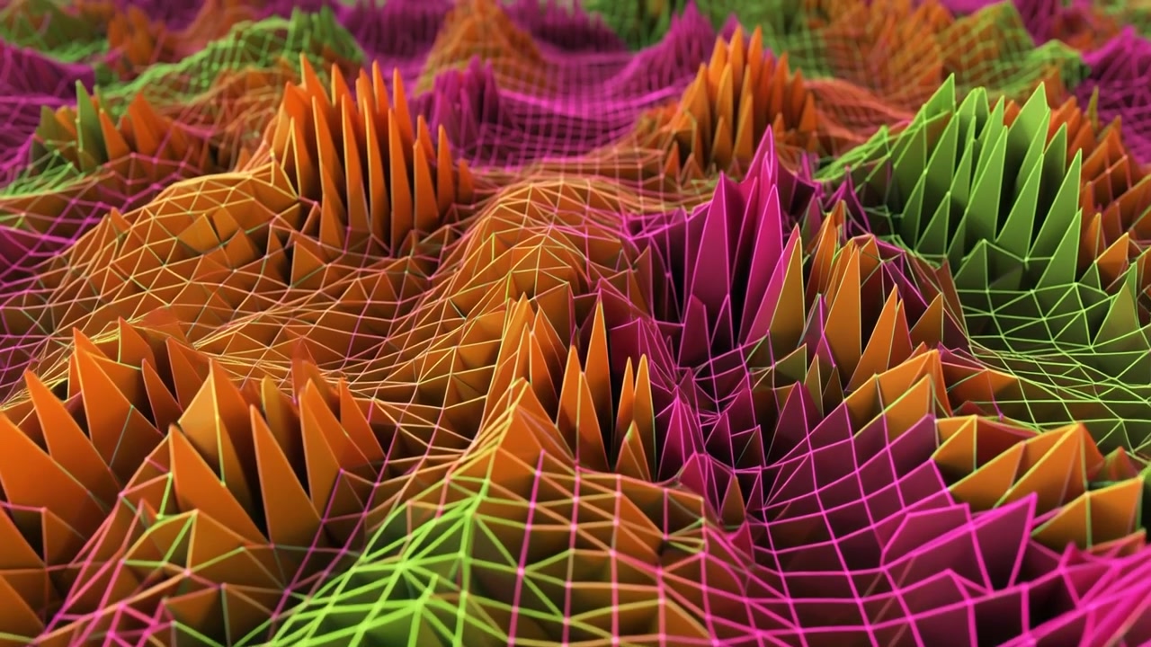 Abstract Digital Landscape with Moving Colorful Geometric Wireframe Mesh