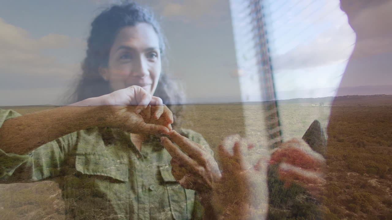 Woman teaching sign language to child in education scene, showing grassland vertical blinds overlay