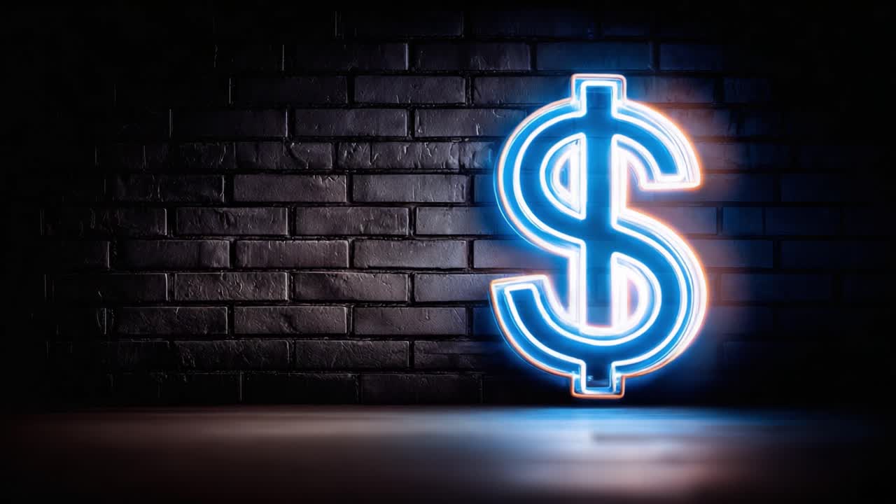 Accattivante insegna al neon del dollaro che illumina una parete scura: una vivida rappresentazione del simbolismo della finanza e della valuta nel design contemporaneo.