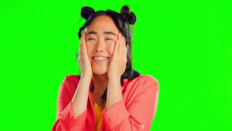 wow, green screen and hands on face of asian woman