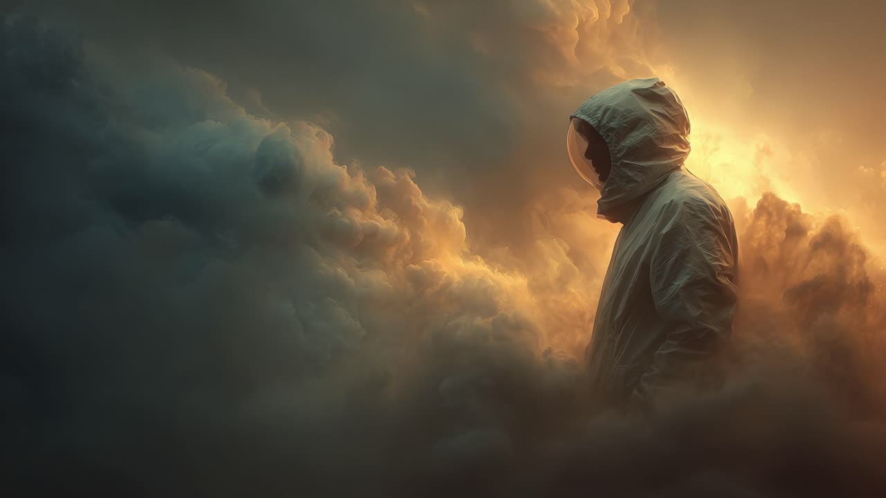 Una figura avvolta in nuvole eteree, immersa in un caldo bagliore, evoca un senso di mistero e contemplazione in uno sfondo atmosferico surreale.