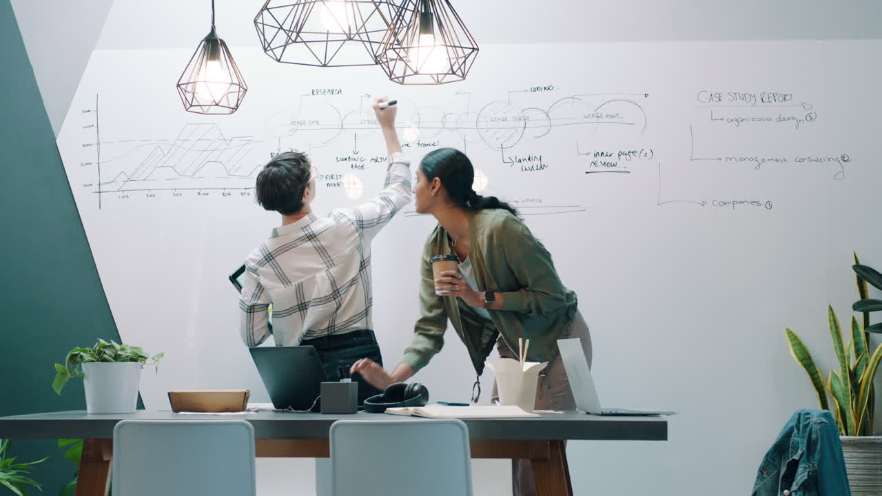 Two Women Collaborating and Brainstorming on a Whiteboard in a Modern Office