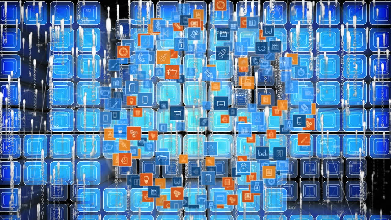 Animation of white light trails falling with rotating globe of connected icons over blue squares