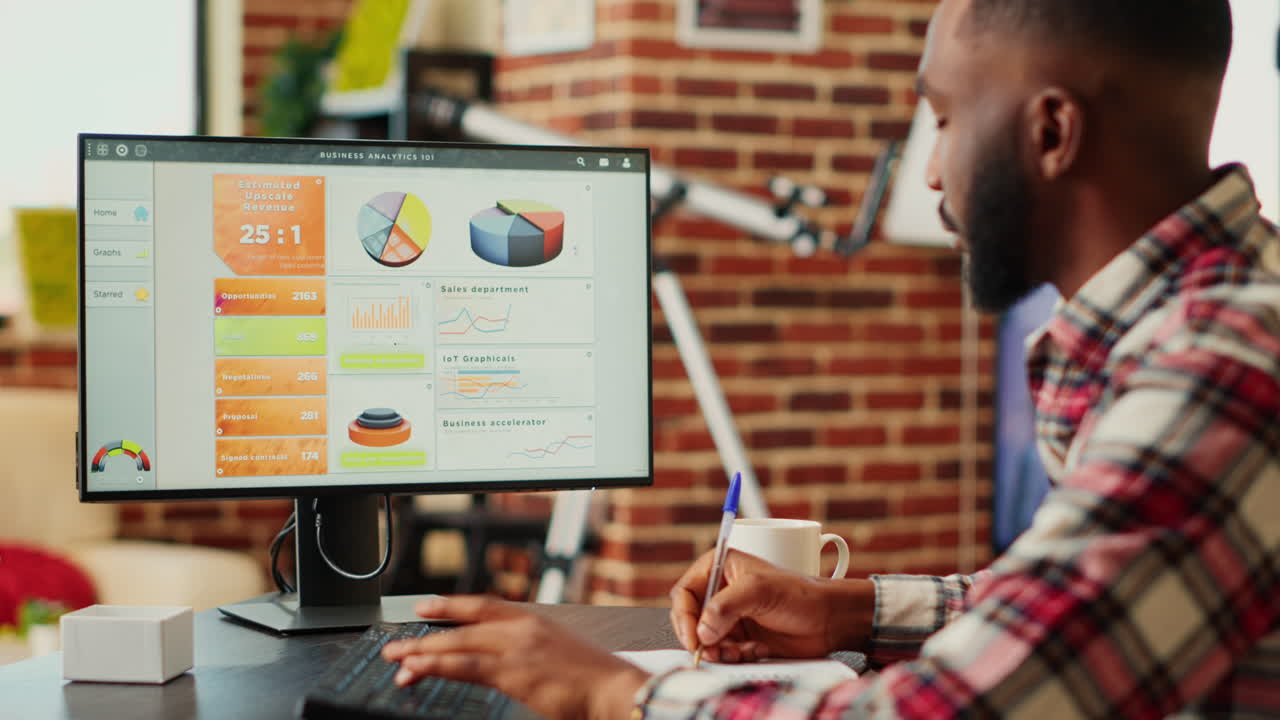 Man working with business analytics on desktop computer