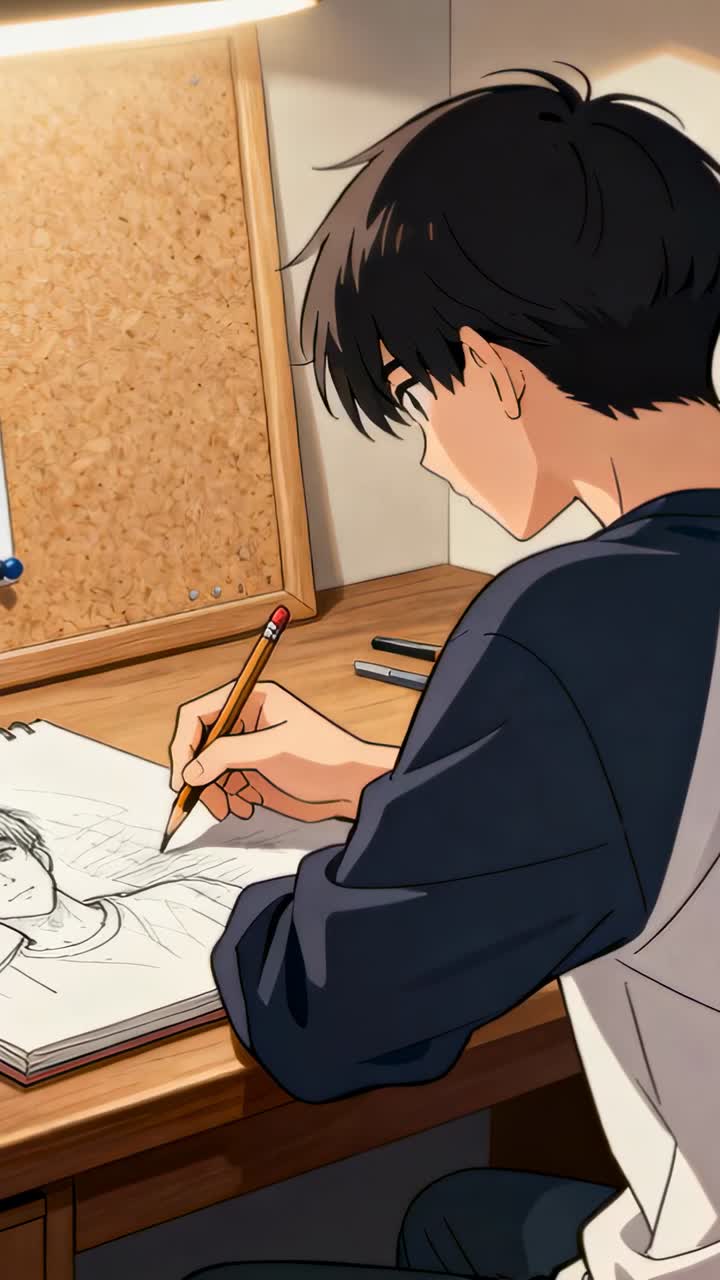 Vertical video: Sketching anime male refining portrait at desk from open spiral pad in long sleeves