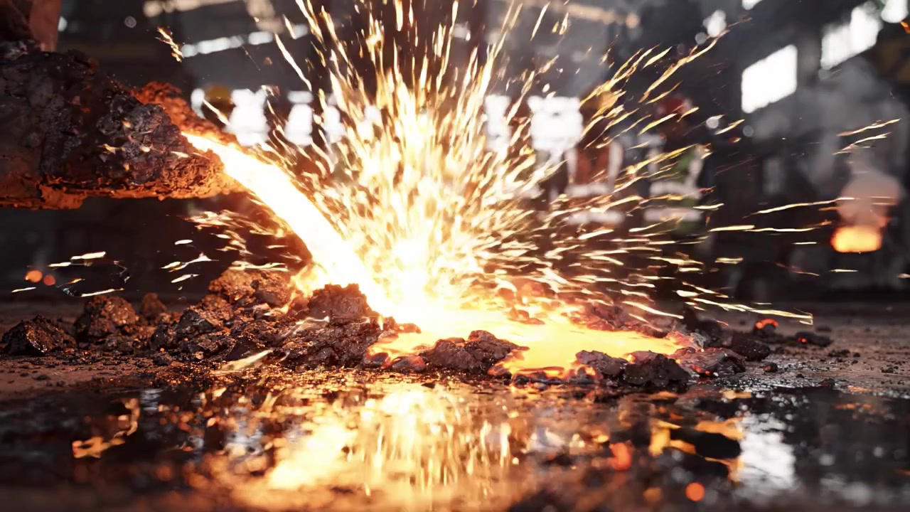Molten Metal Pouring in Industrial Environment with Workers Observing; Sparks and Flames Erupting in a High-Temperature Foundry Setting