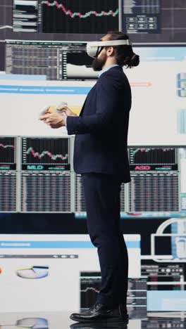 vertical video administrator uses vr glasses to analyze digital graphs and business insight