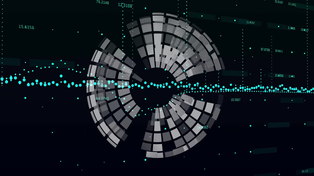 Animation of circular data visualization with numbers and dots on dark background