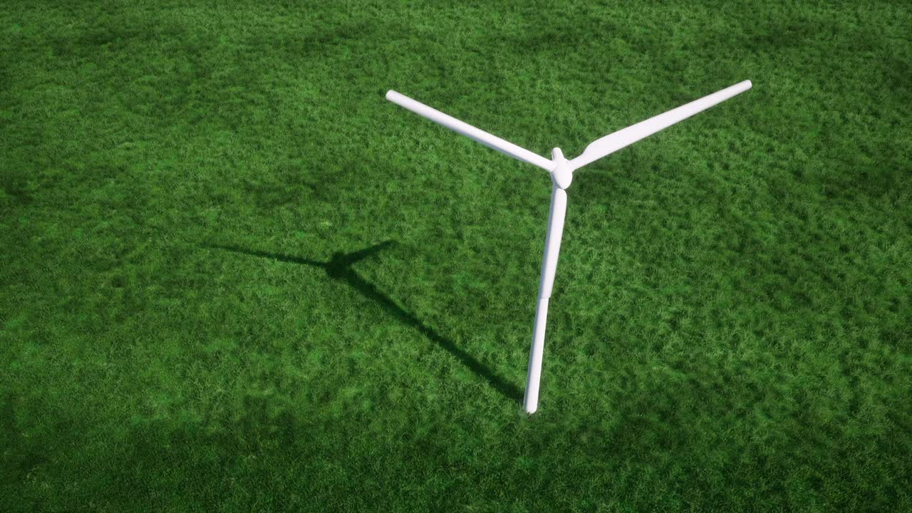 날개를 가진 대형 풍력 터빈의 3d 애니메이션 바다에서 풍력 발전소 타워, 해가 지는 시점에서 황혼에 있는 에너지 풍력 공장, 대체 에너지를 생산하는 많은 터빈 풍력 공장을 가진 풍력 에너지 농장.