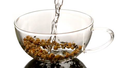 water pouring over dried herbal tea in glass cup