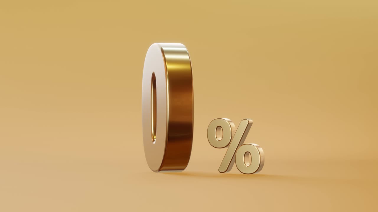 signo de oro de cero por ciento y descuento de venta en fondo dorado con tasa de oferta especial. rendering 3d.