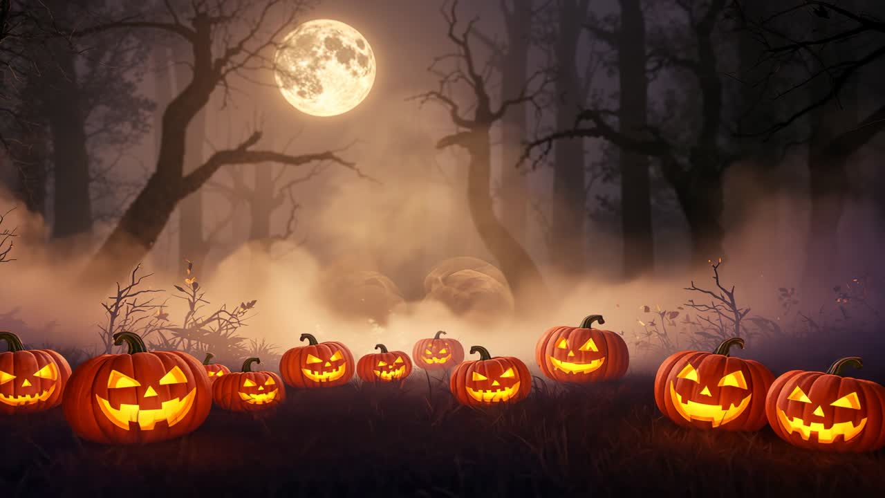 Drifting low-lying fog among twisted trees after moon rising, carved pumpkins glowing in clearing