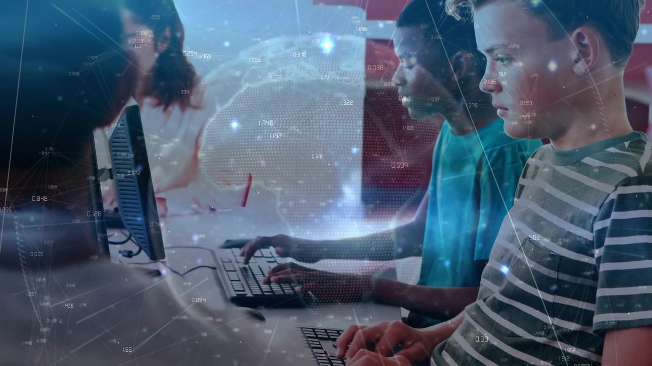 Animation of network of connections over diverse schoolchildren using computers in classroom