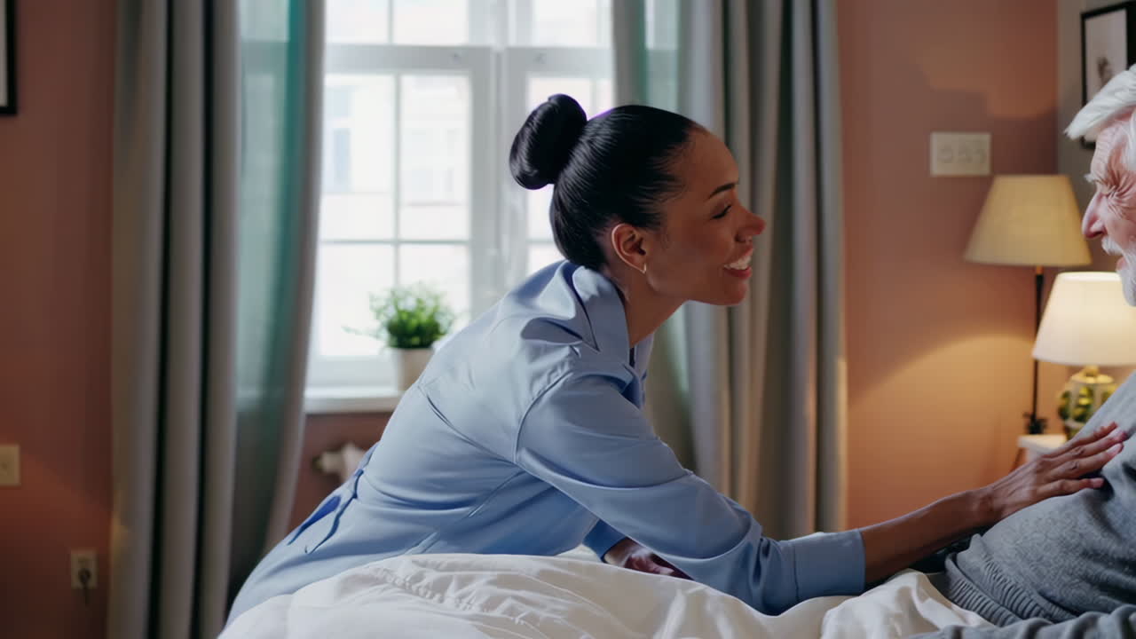 Caring interaction between a caregiver and an elderly man in a home setting