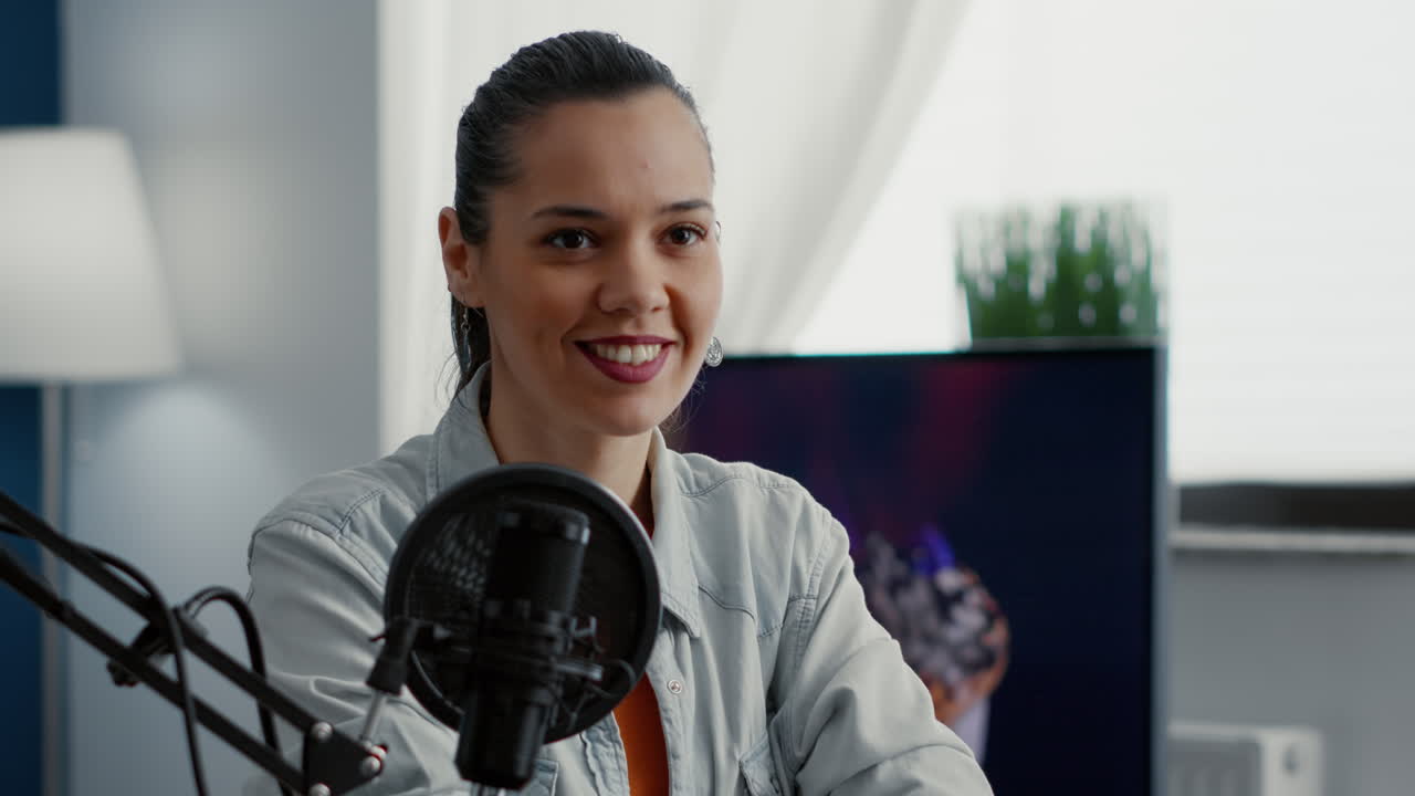Beautiful podcaster sitting at studio desk with modern audio equipment