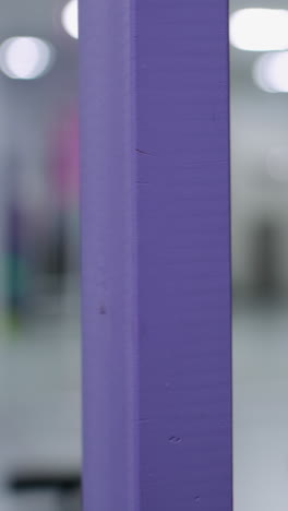 primer plano de la estructura vertical púrpura con un fondo interior borroso, iluminación suave y tonos apagados crean profundidad y contraste, destacando la textura y la estructura de los elementos de primer plano