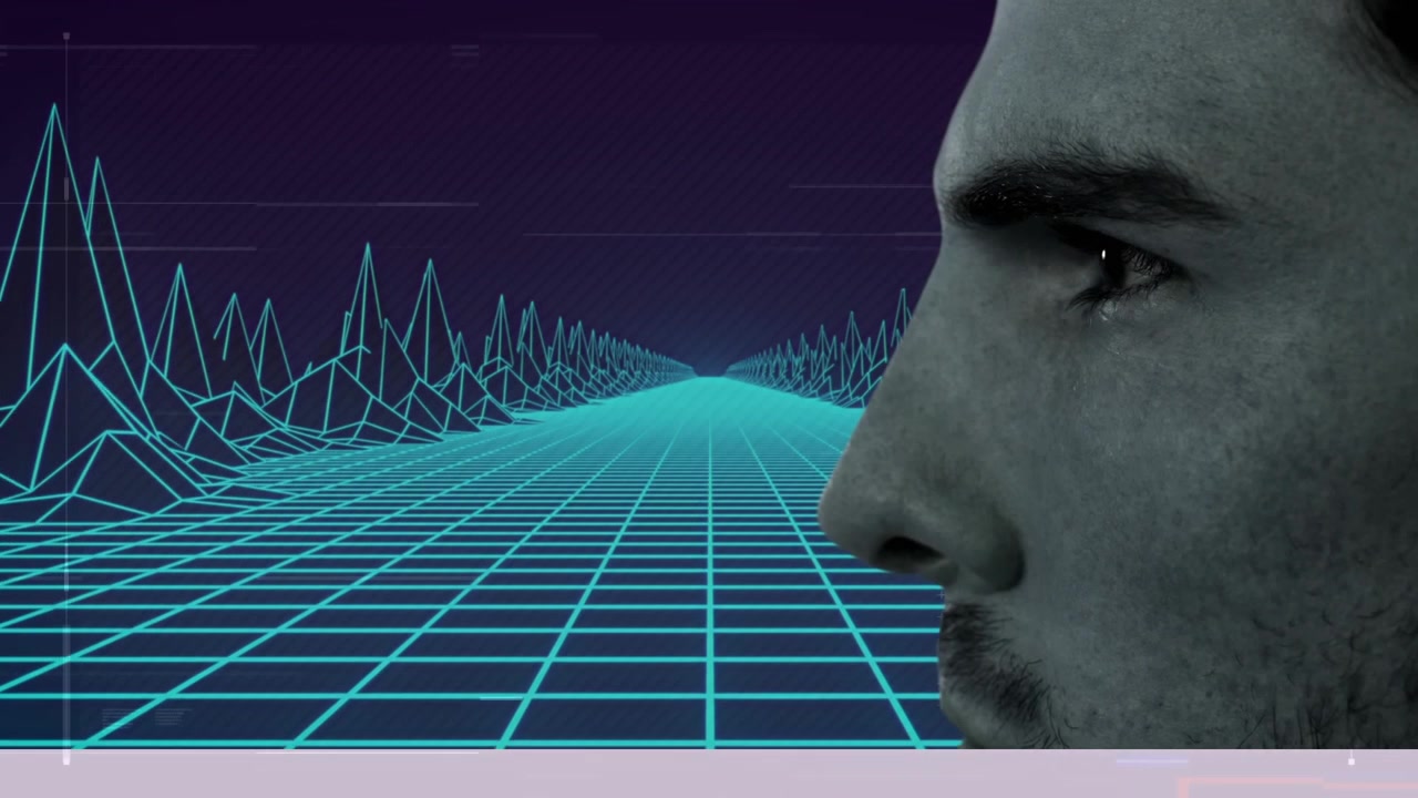 Profile of a Man Looking at a Digital Retro Grid Landscape