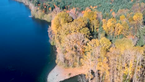 Tiro-De-Dron-Del-Lago,-El-Bosque-Y-Las-Montañas-En-Otoño-En-La-Isla-De-Vancouver,-Canadá