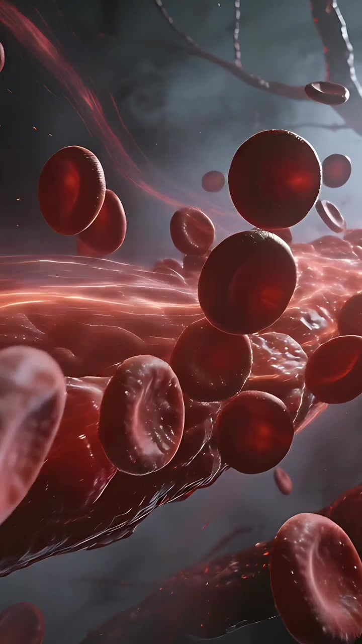 Video verticale: Plasma pulsante che spinge globuli rossi attraverso un vaso, rotolando oltre una parete strutturata