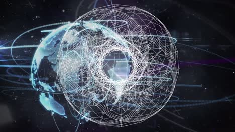 Animation-of-circles-moving-over-globe-and-network-of-connections