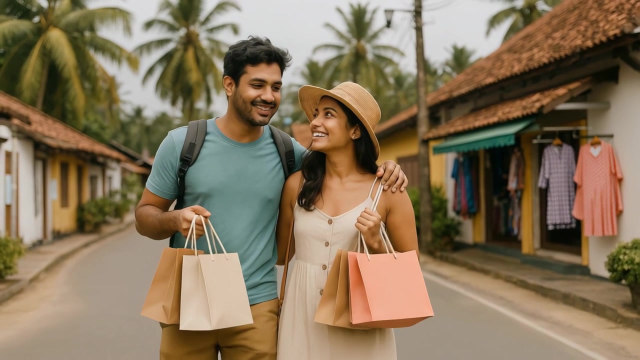 Coppia felice che passeggia e fa shopping su una strada tropicale