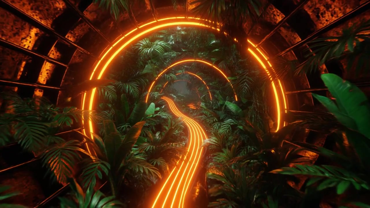 Futuristický zářící neonový tunel procházející bujnou tropickou džunglí