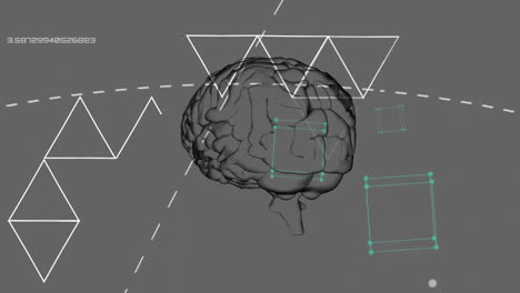 animación de cerebro giratorio sobre figuras y red de conexiones