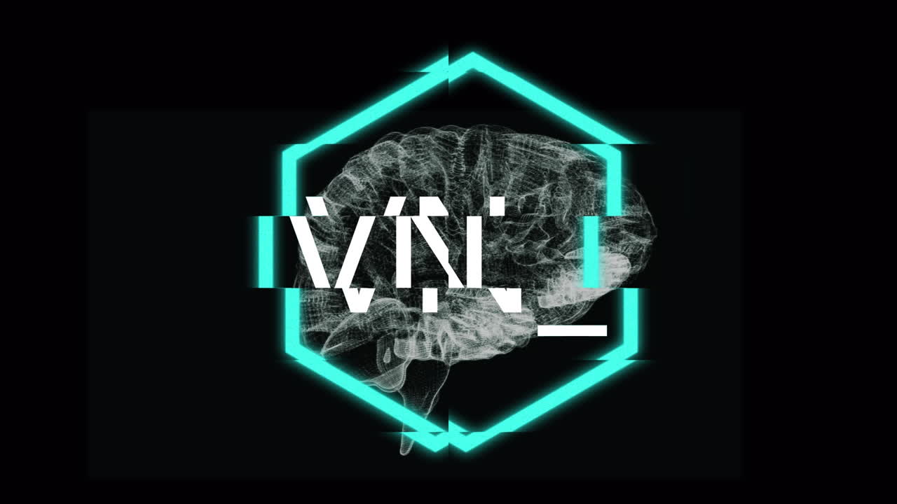 animación de nft en hexágono sobre el cerebro en fondo negro