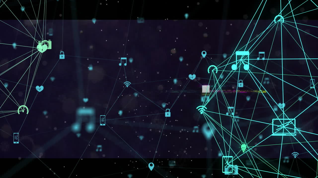 Animation of network of connections with icons over globe on dark background