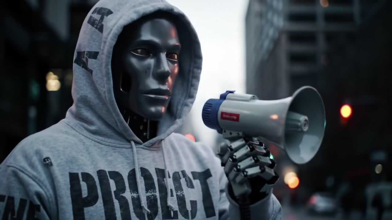 A futuristic robot stands confidently in a cityscape wearing a hoodie and holding a megaphone, seemingly ready to address an audience or convey a message