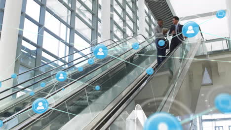 animation of network of connections with icons over diverse business people on escalator