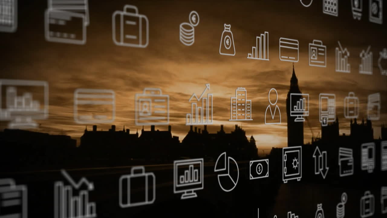 Business icons and graphs animation over city skyline at sunset