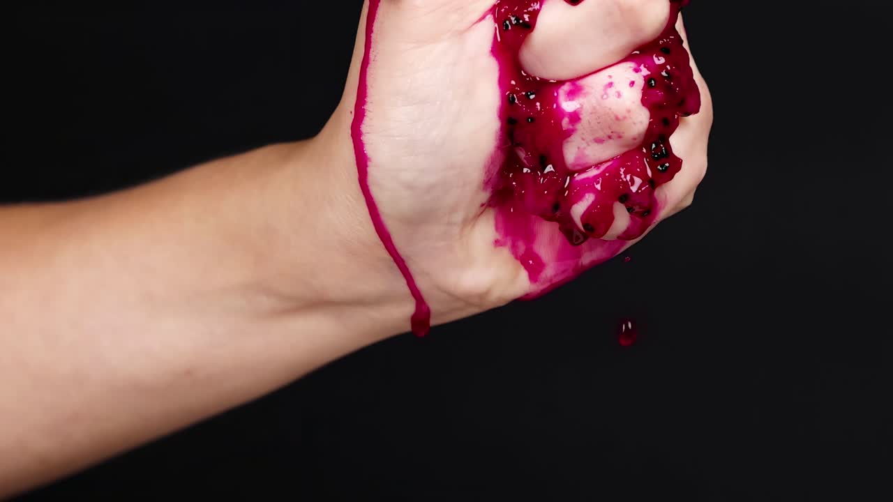 A hand firmly squeezes vibrant red pulp, with juice visibly dripping down against a dark background.
