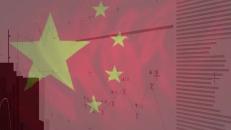 animación de líneas y gráficos de barras 3d sobre la bandera nacional de china en el fondo