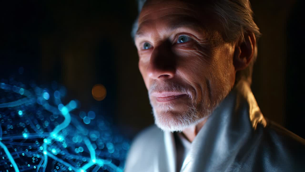 A Contemplative Figure Gazes at a Digital Network Sphere, Illuminated by Blue Light in a Mysterious Environment, Indicating a Fusion of Humanity and Advanced Technology with Depth and Intrigue