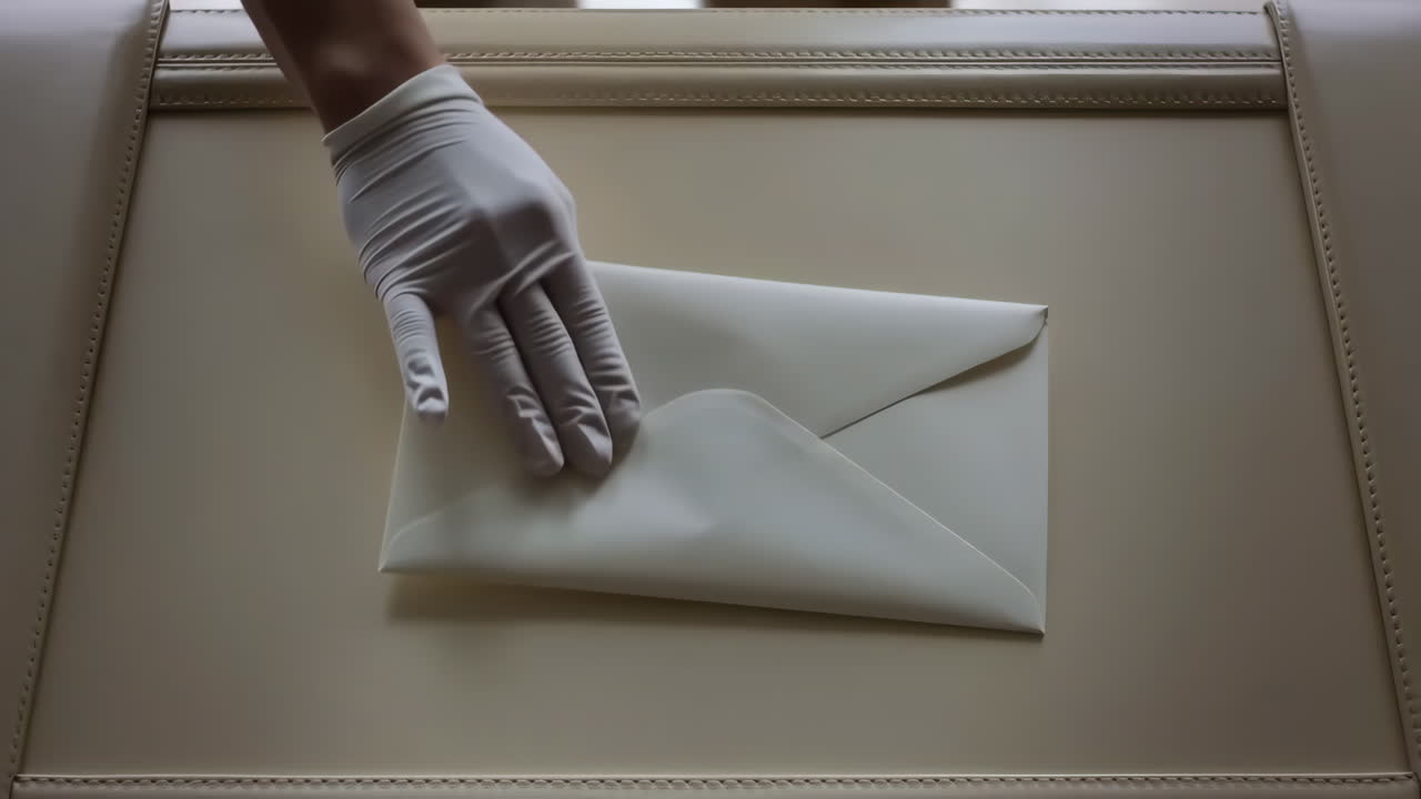 A gloved hand places a white envelope