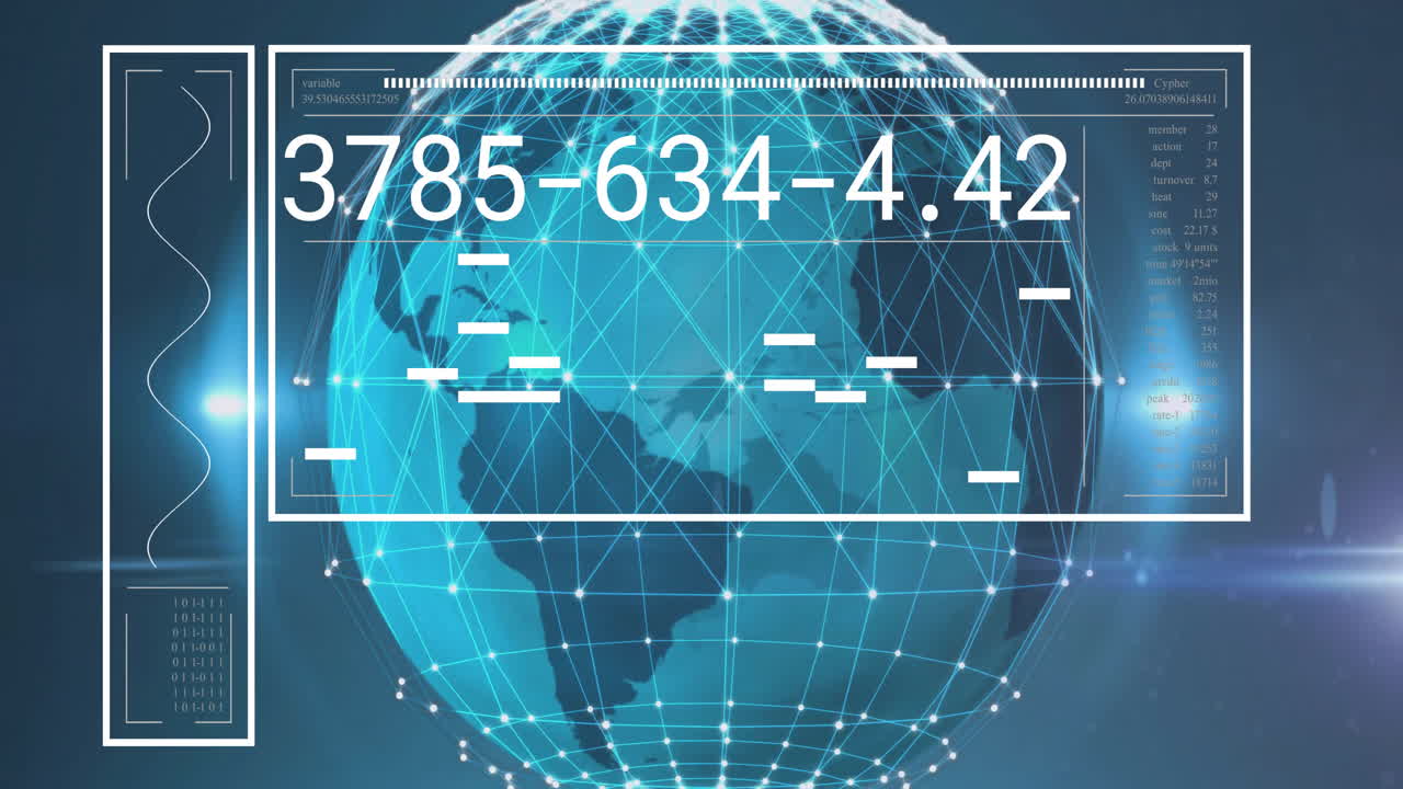 animación del procesamiento de datos sobre el globo sobre fondo azul