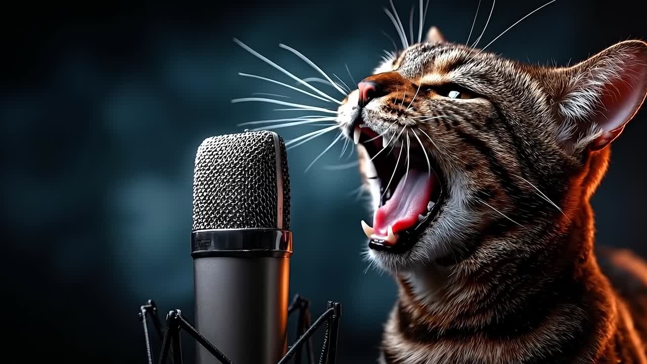 A cat yawning in front of a microphone