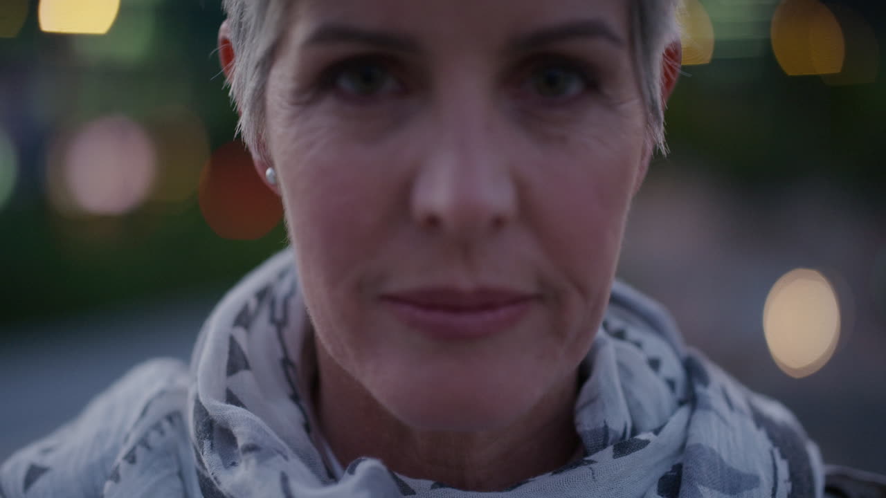 close up portrait beautiful senior woman looking up smiling enjoying relaxed urban evening in city successful retired female slow motion