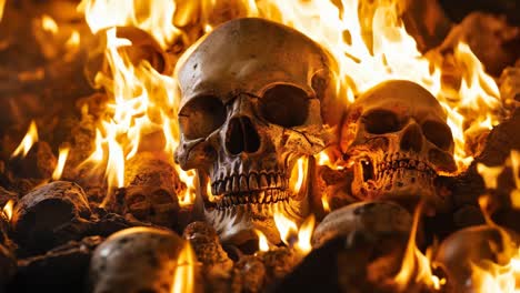 a group of skulls surrounded by flames