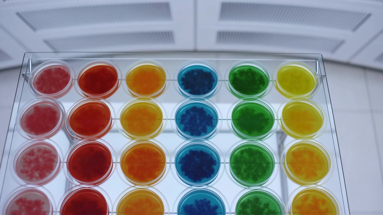 Overhead oblique view showing transparent plastic tray with twenty four round wells arranged in neat grid, each holding saturated colored liquid under soft cool laboratory light for clinical testing